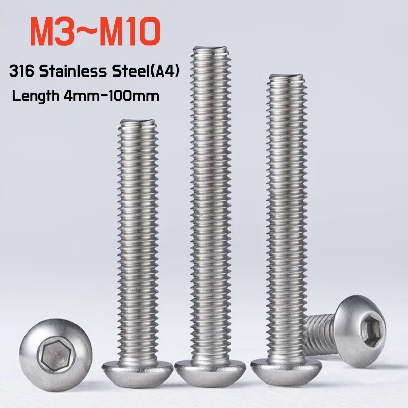 

2-50pcs M3 M4 M5 M6 M8 M10 Round 316 A4 Stainless Steel Hexagon Hex Socket Button Head Bolt Allen Screw Length 4-100mm ISO7380
