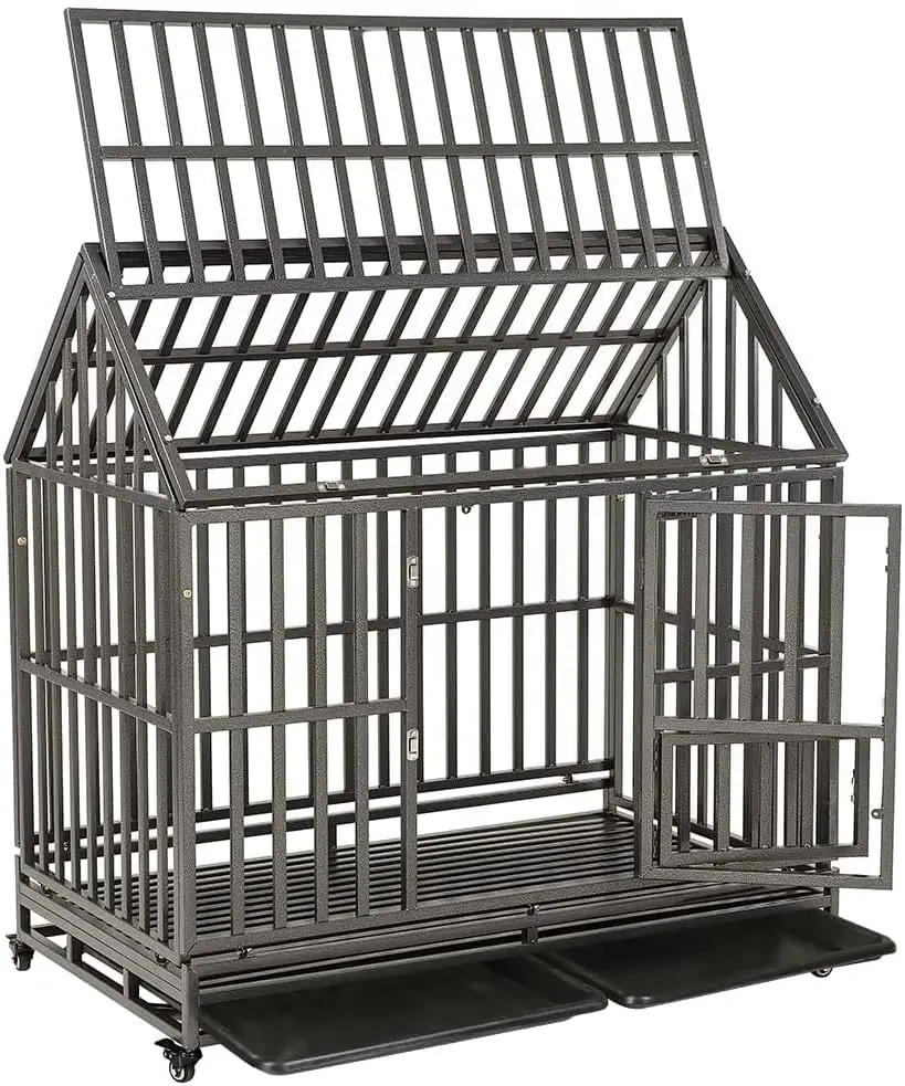 

48" Heavy Duty Dog Crate Strong Metal Cage House Shape Pet Kennel Crate Playpen with 4 Locking Wheels