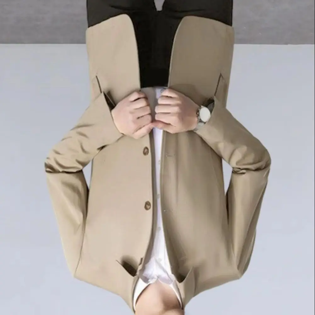 Men Spring Autumn Jacket Long Sleeve Turn-down Collar Single Breasted Solid Color Business Blazer Suit Casual Coat