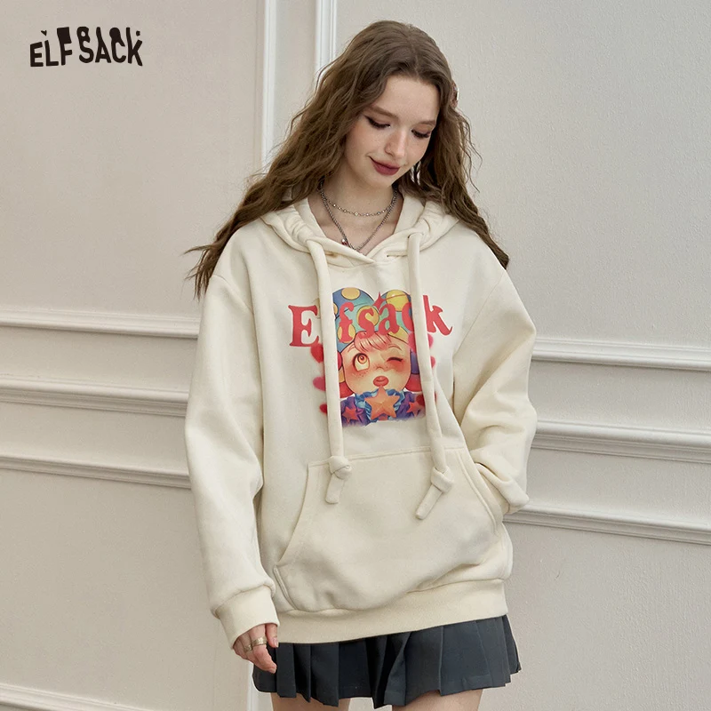 ELFSACK 2024 Winter New Arrivals Original cartoon print retro hooded sweatshirt for women