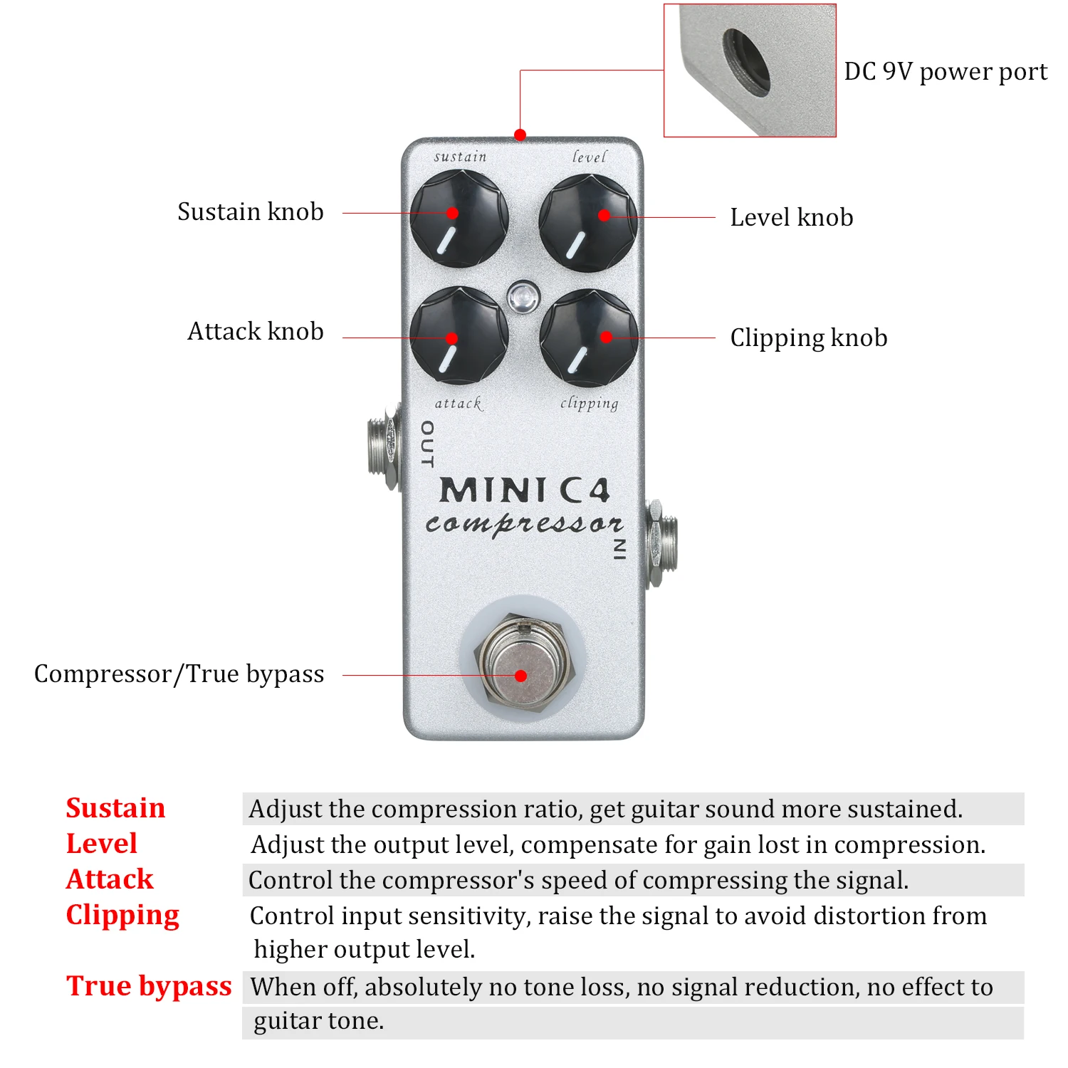 MOSKYAudio MINI C4 Compressor Guitar Effect Pedal True Bypass