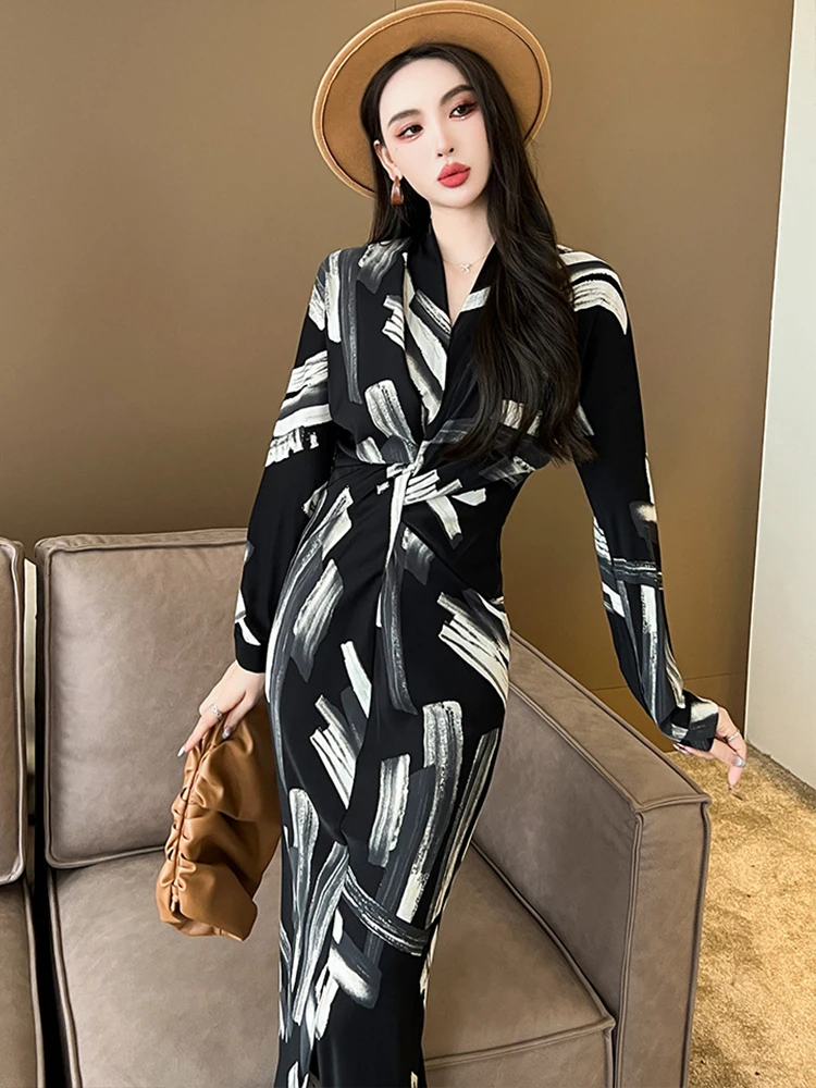 여성용 패션 엘레강트 맥시 드레스 빈티지 시크 긴 소매 밴디지 슬릿 바디콘 로브 레이디 와일드 파티 드레스 봄