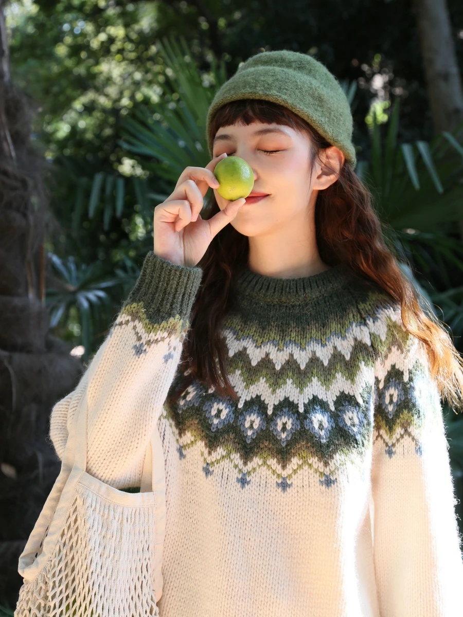 Autumn Spring Women Vintage Inspired Fair Isle Green Loose Thick Warm 70% Wool Pullover Sweater Jumper