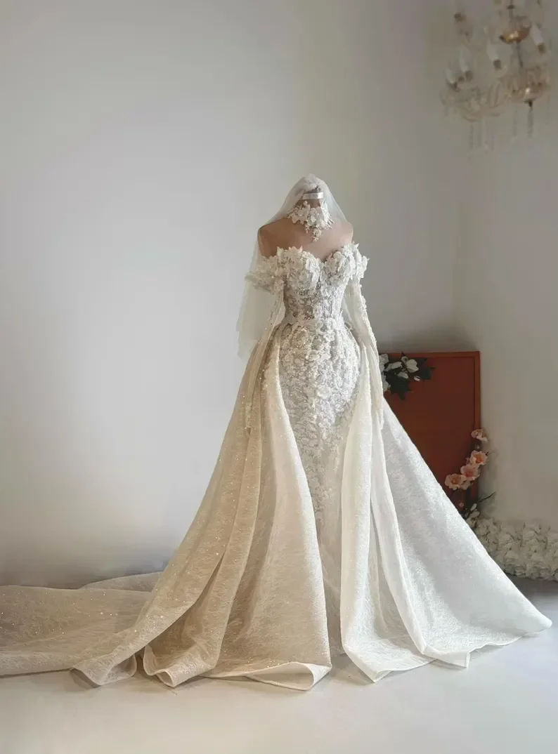 New Detachable Overskirt Mermaid Wedding Dress Off Shoulder 3D Floral Lace Bridal Gown With Train Vestido De Novia Customized