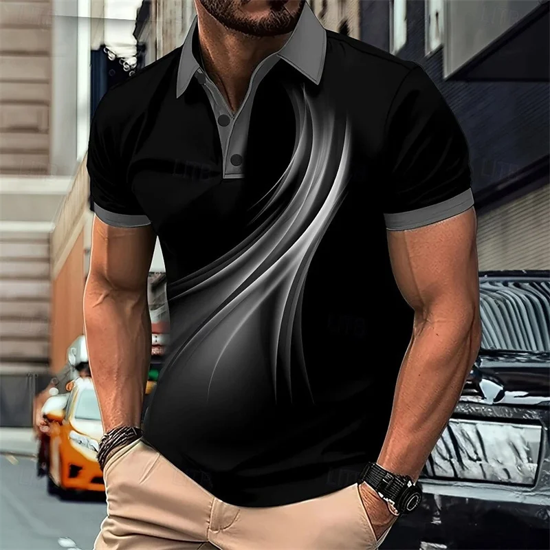 Lined Splice Pattern Men's Polo Shirt Colorful Texture 3D Print Summer Short Sleeve Loose Lapel Top