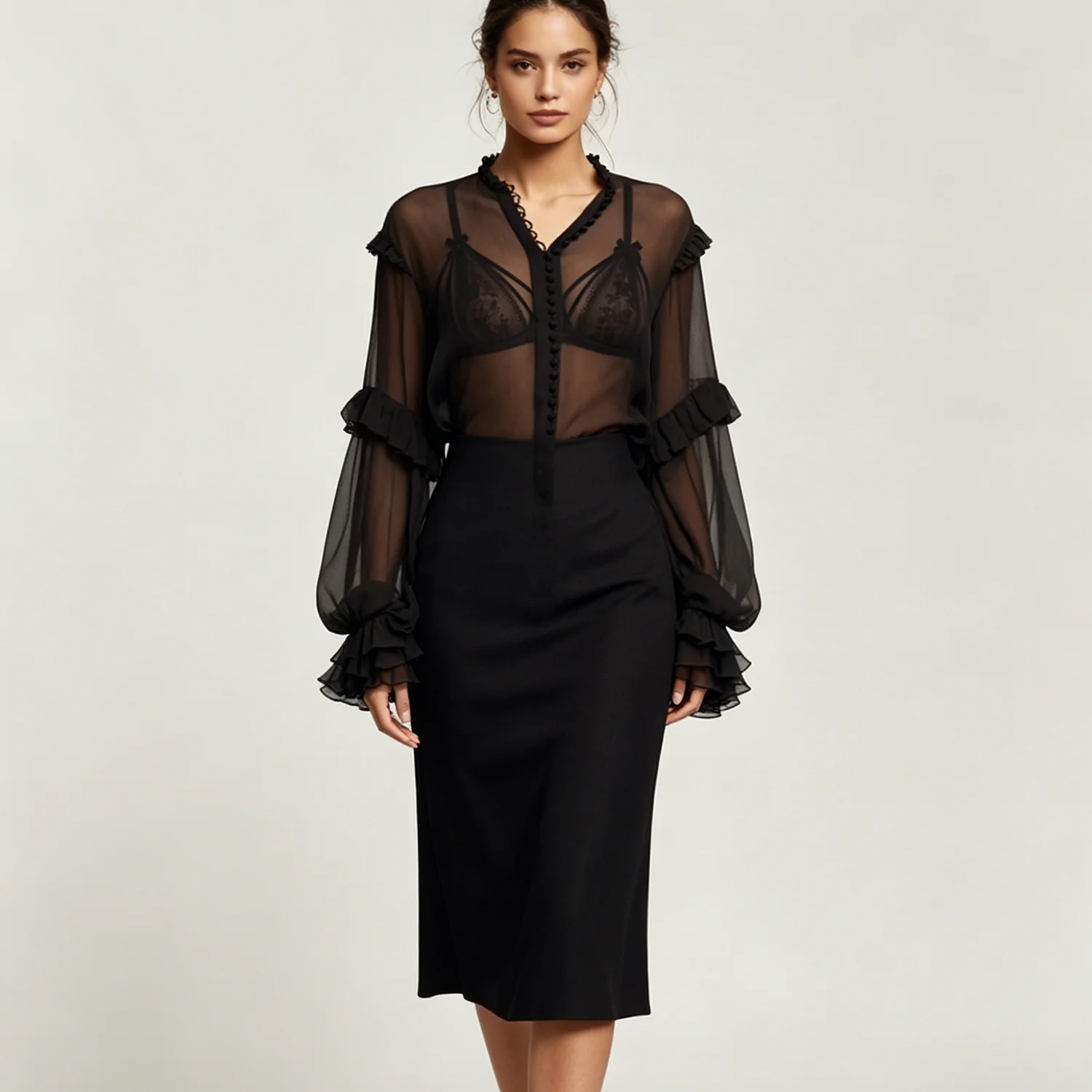 

LIMO 2026 New Women Elegant Chiffon Sheer Blouse Ruffled Cuffs & Hem Long Sleeve Top for party and cusual