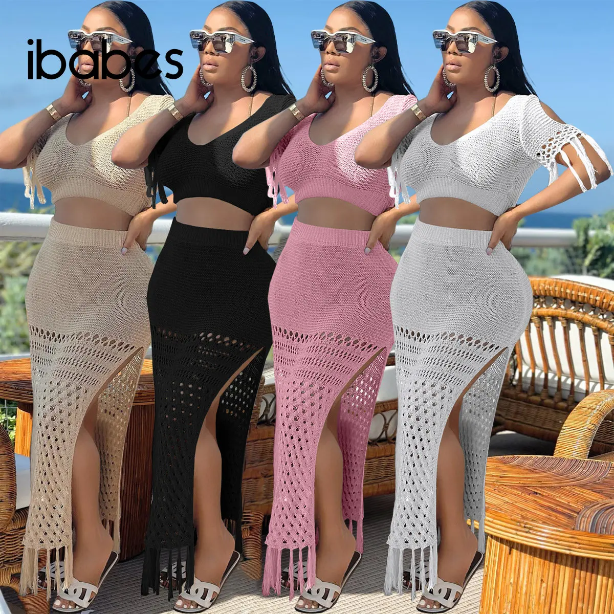 

Crochet Knitted Women Beach 2 Piece Set Solid Hollow Out Tassel Crop Top High Slit Bodycon Skirts Matching Set Sexy Cover Ups