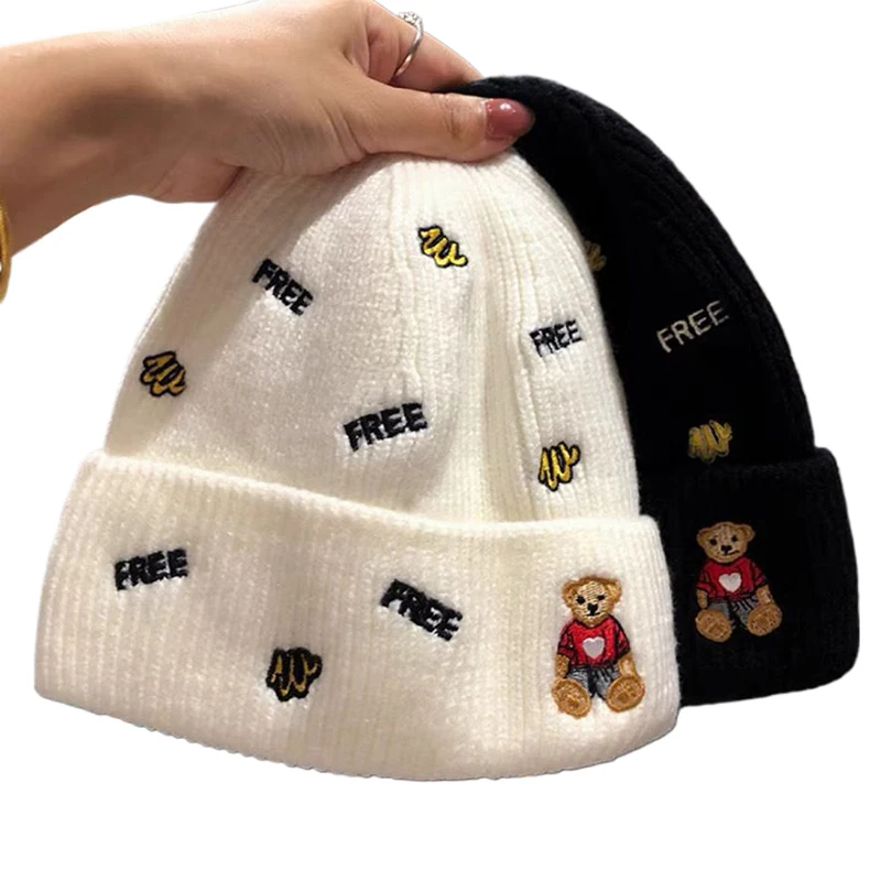 Fashion Korean Style Cartoon Bear Letter Embroidery Winter Warm Women Cute Knitted Hat Female Outdoor Sport Ski Cap Girl Beanie