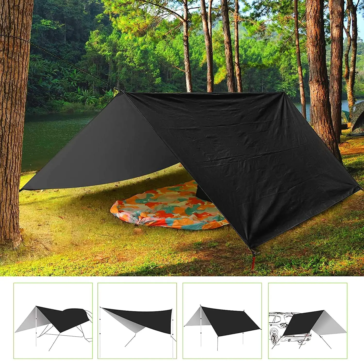 Hammock Rain Fly Tent Tarp 10 x 10 FT Waterproof Camping Tarp Shelter UV Protection Lightweight Ripstop Nylon Picnic Mat for Pat