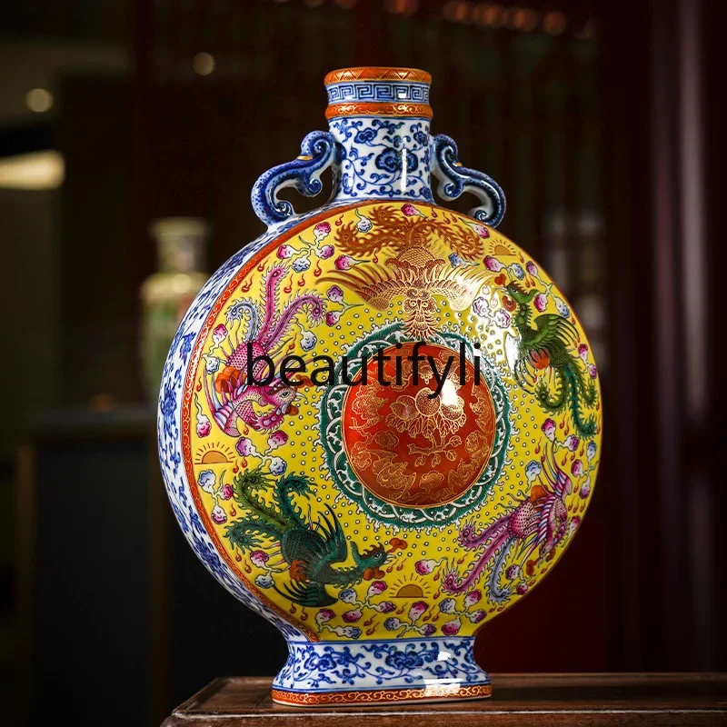 Hand-painted blue and white porcelain dragon and phoenix moon bottle Jingdezhen vase ceramic ornament  Chinese entrance retro