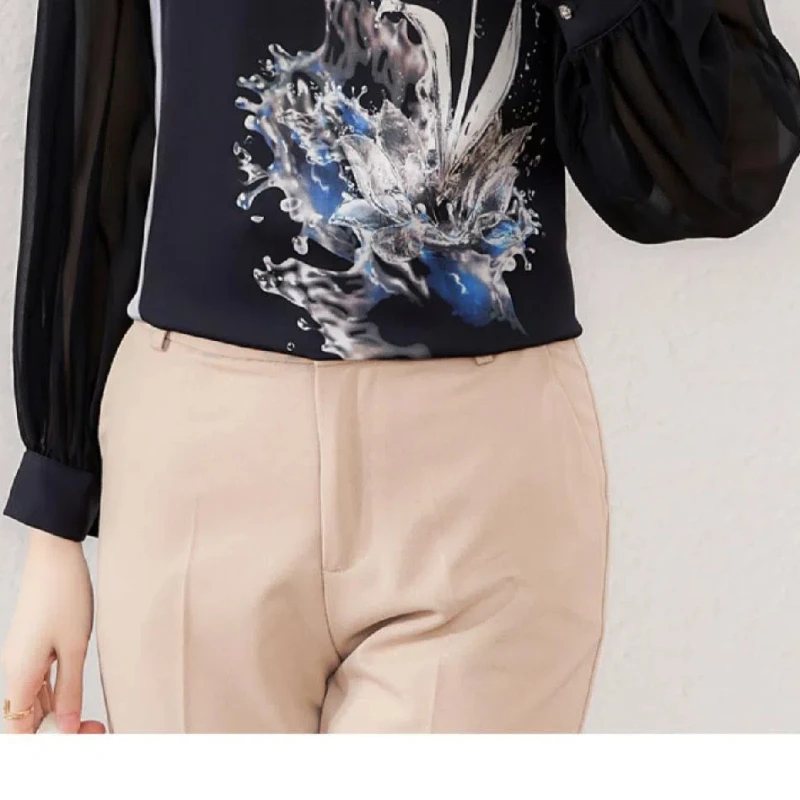 Spring Summer Women\'s Chiffon Pullover Printing Round Neck Lantern Long Sleeve Contrast Color Button Casual T-shirt Trendy Tops