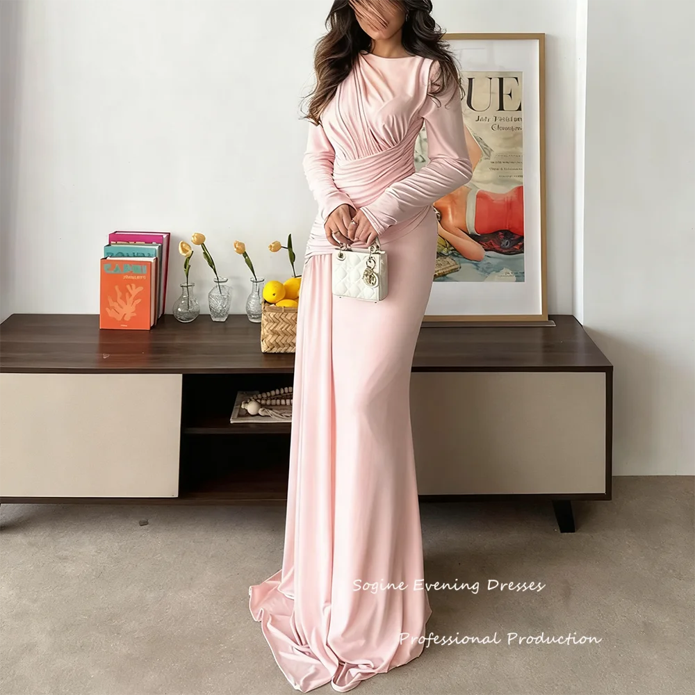Customized Satin Mermaid Evening Dresses Draped Ruched فساتين سهرة Long Cocktail Long Sleeve O-Neck Party Prom Gowns