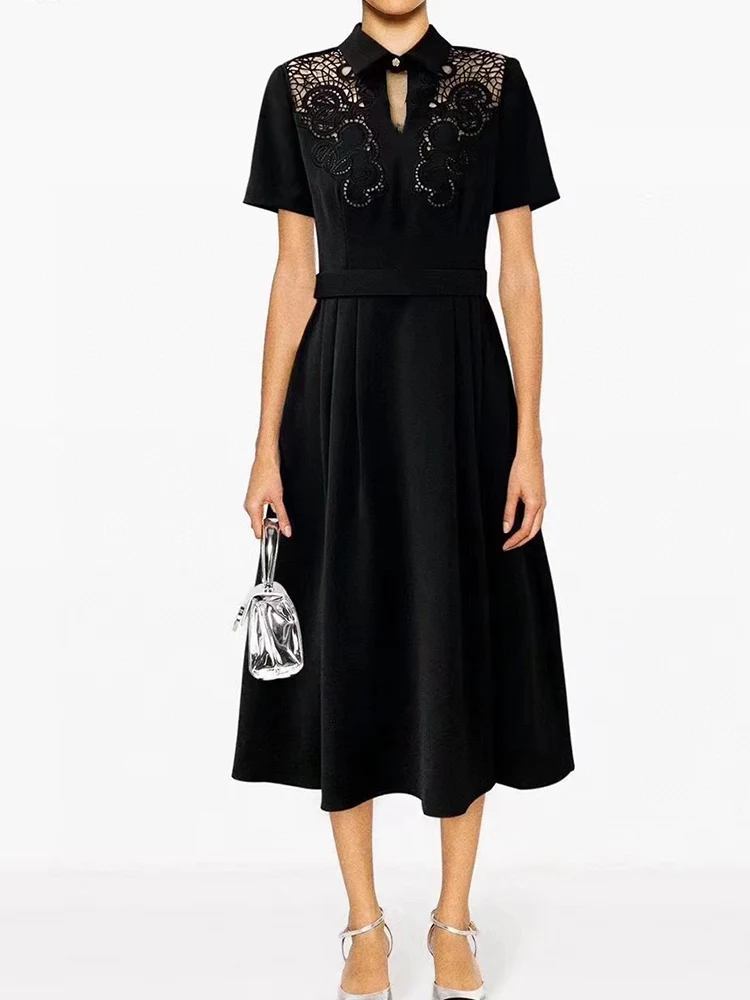 

Elegant openwork embroidered lace lapel skirt dress spring and summer women's new long A-line skirt with belt hem pleating.