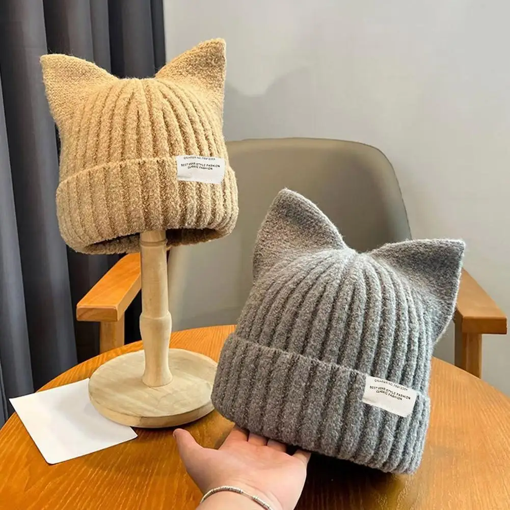 Süße Katzenohren Beanie Hüte für Frauen Winter Koreanische Y2K Gestrickte Streetwear Handgemachte Häkeln Eimer Kappe