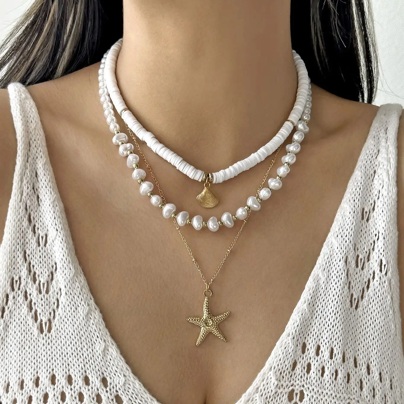 

3pcs Elegant Imitation Pearl Beaded Choker Necklaces for Women Mulitlayer Ocean Starfish Shells Pendant Necklaces Party Jewelry