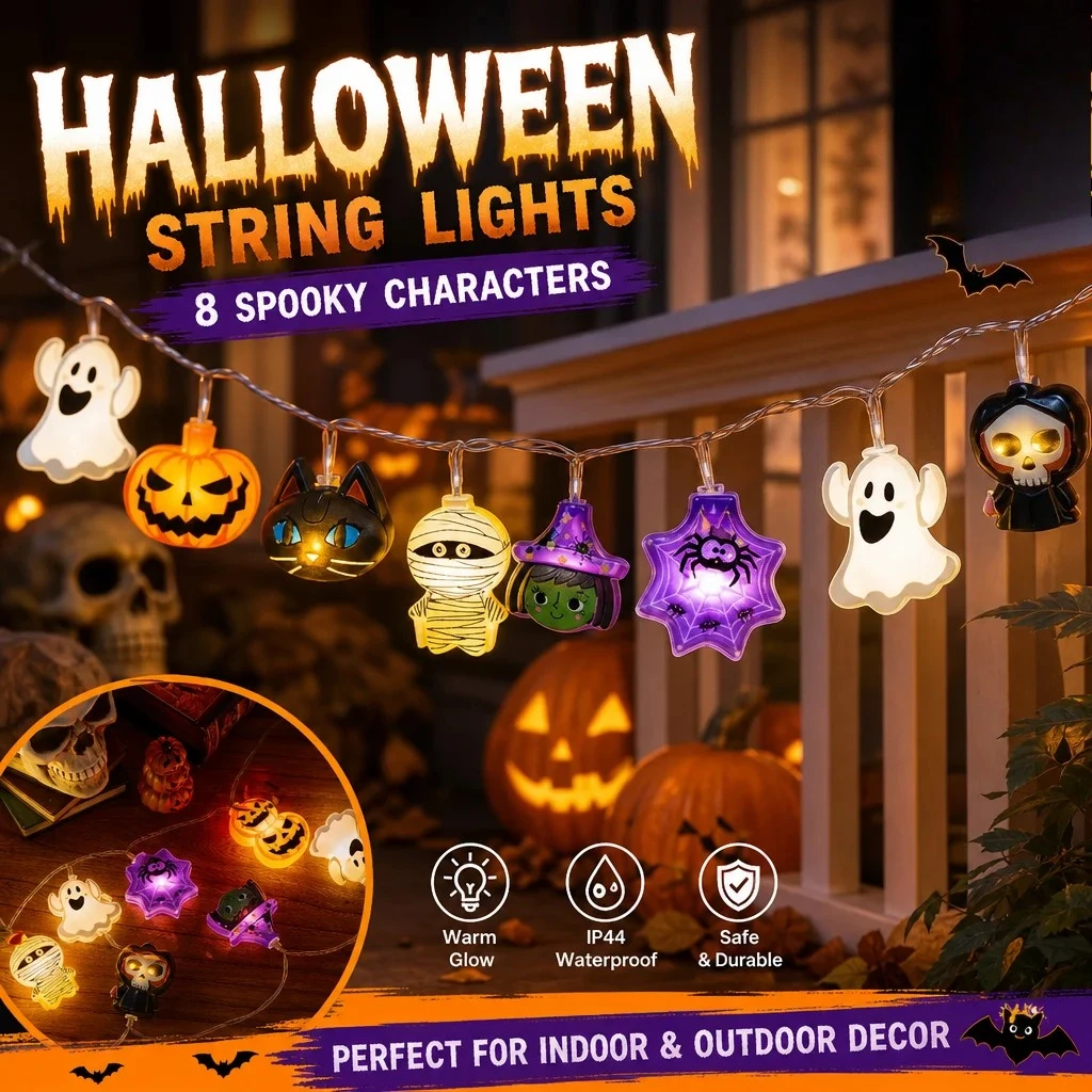 Halloween LED String Lights Pumpkin Ghost Mummy Cat Witch Skull Spider Web Lights Waterproof Indoor Outdoor Holiday Decor Light