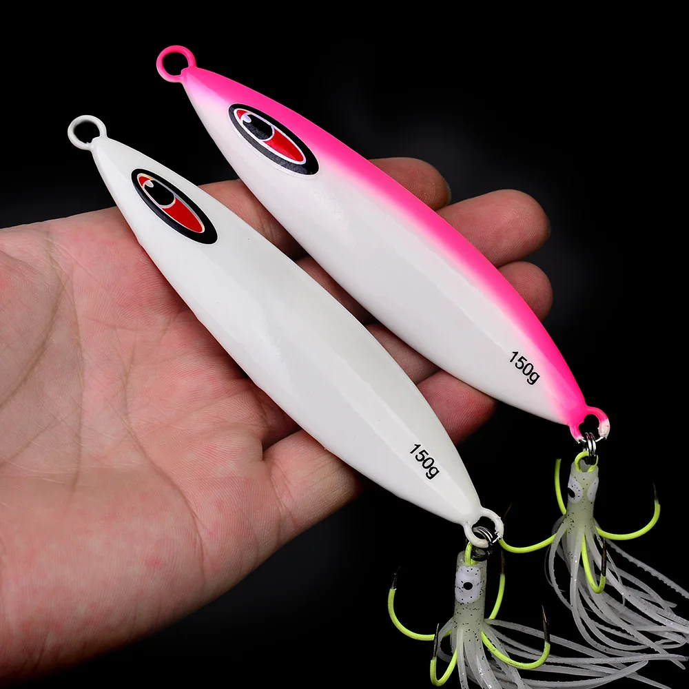 1pcs 80g-150g Slow Shaking Speed Sinking Deep Sea Iron Plate Laser Night Light Boat Fishing Four Books Squid Soft Bait Hook Luya