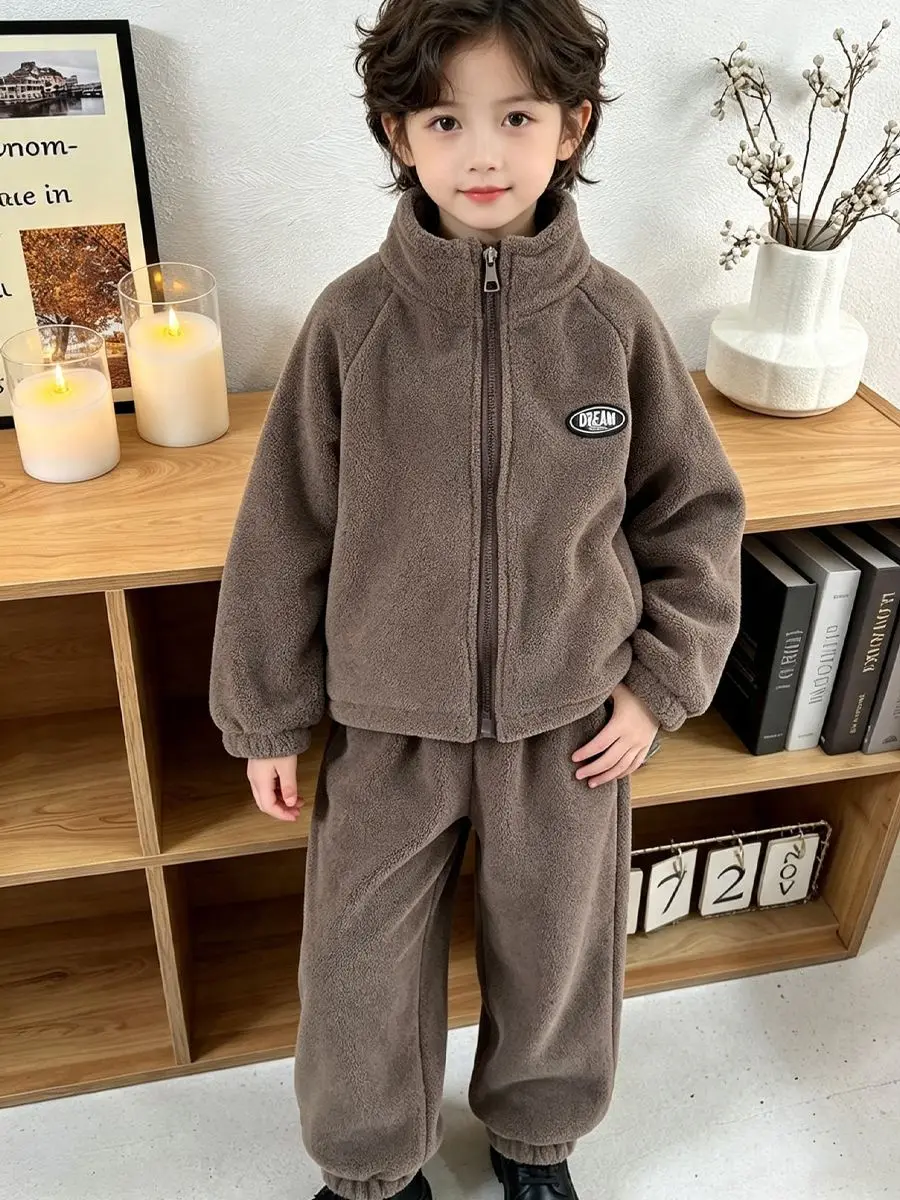 2026 Autumn Winter Lamb Fleece Sets Baby Boys Girls Solid Color Plush Thick Warm Lapel Zipper Coat+Pants 2Pcs Kids Casual Outfit
