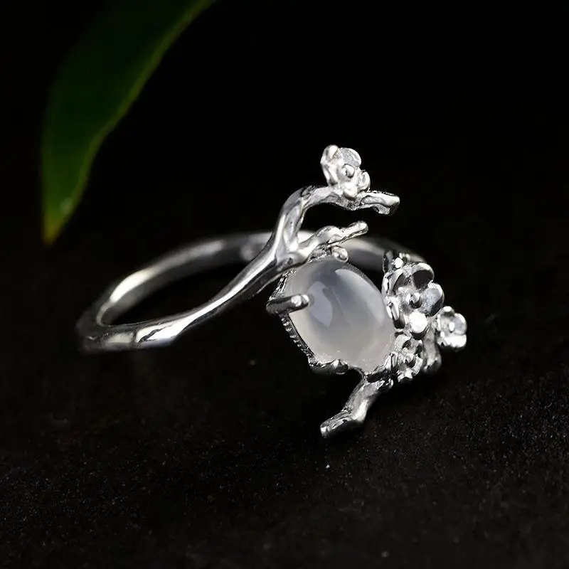 SNew silver original design inlaid moonlight white chalcedony plum opening adjustable women's ring to send a friend gift - Image 2