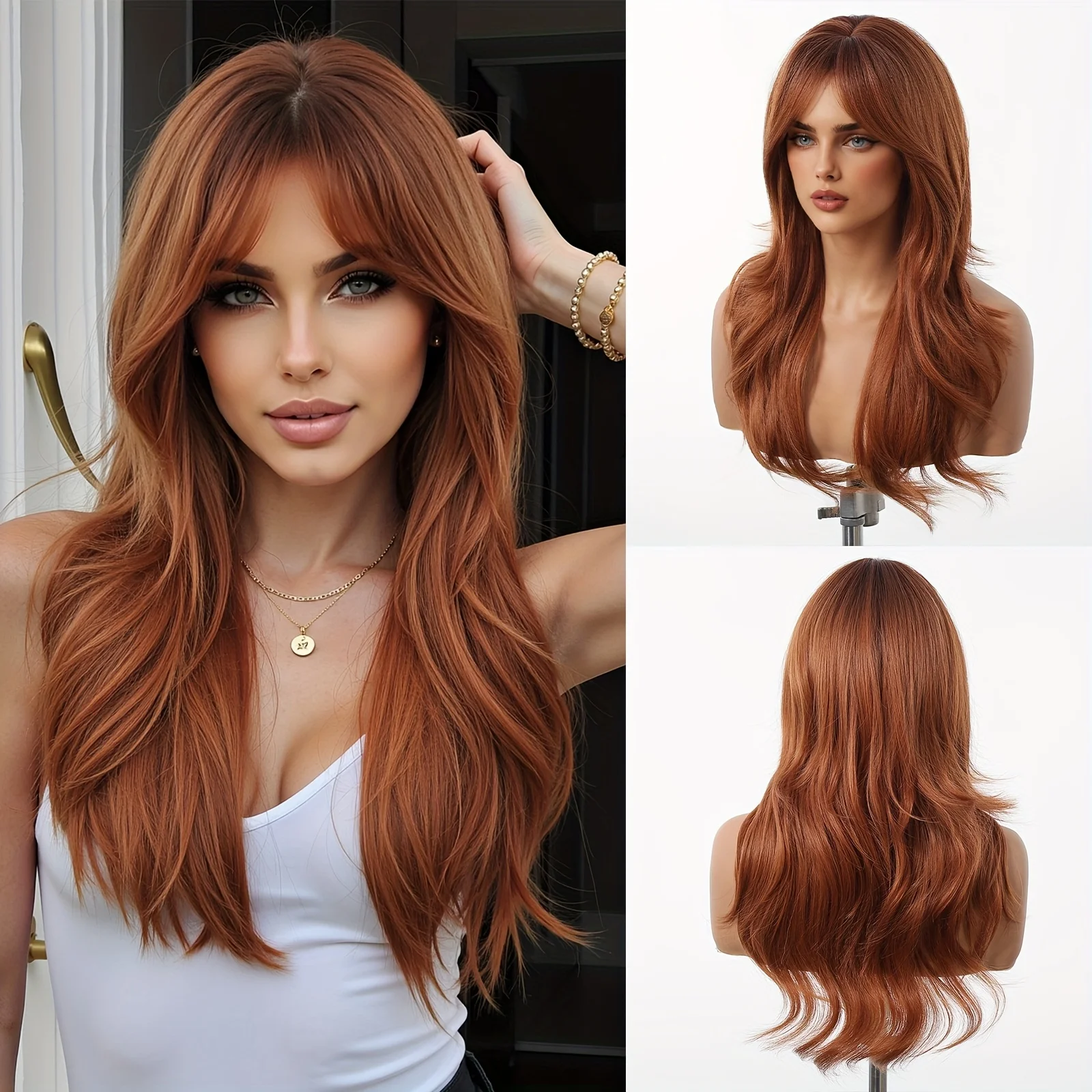 Black Friday 22-inch long curly orange-brown wig with bangs, women's synthetic wig, suitable for daily use