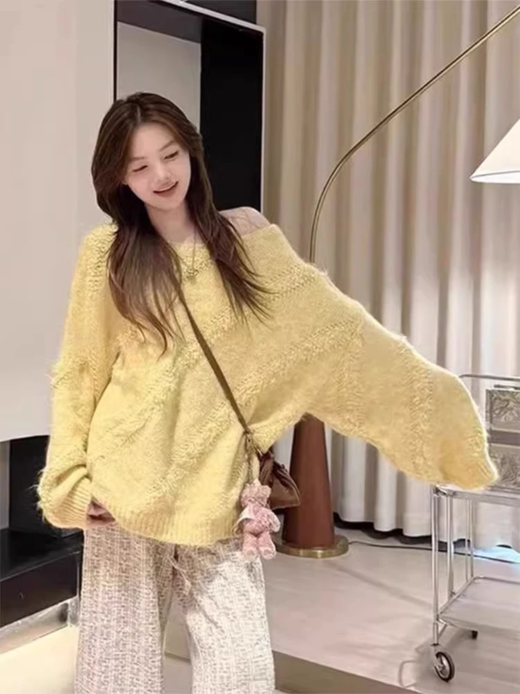 Coreano sle macio aconchegante camisola feminina solto ajuste versátil malha topo outono inverno nova chegada longo sve redondo ne camisola