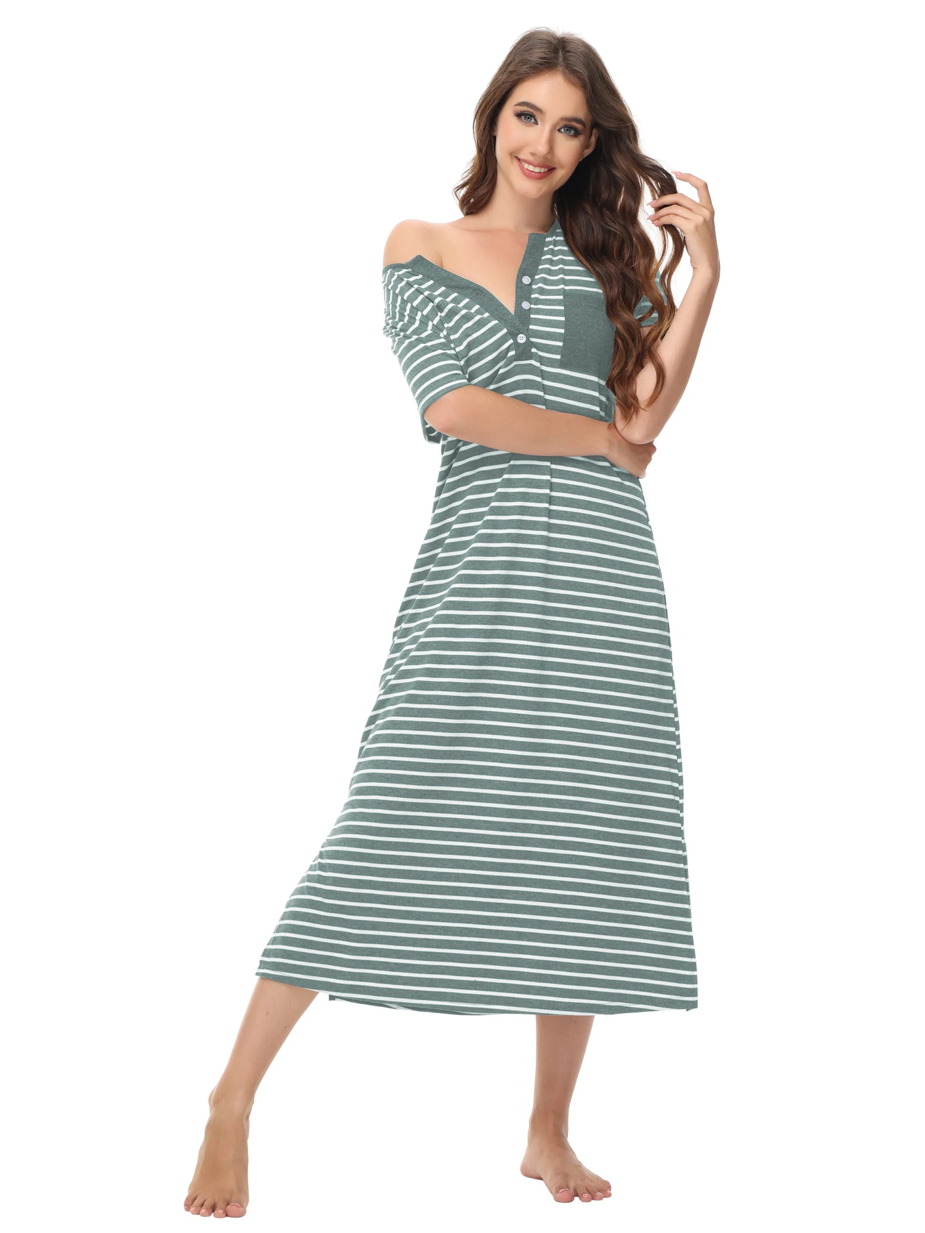 

Aamikast Loose Women V-Neck Buttons Pockets Female Summer Casual Woman‘s Long Short Sleeve Slit Nightdress Striped Sleepwear