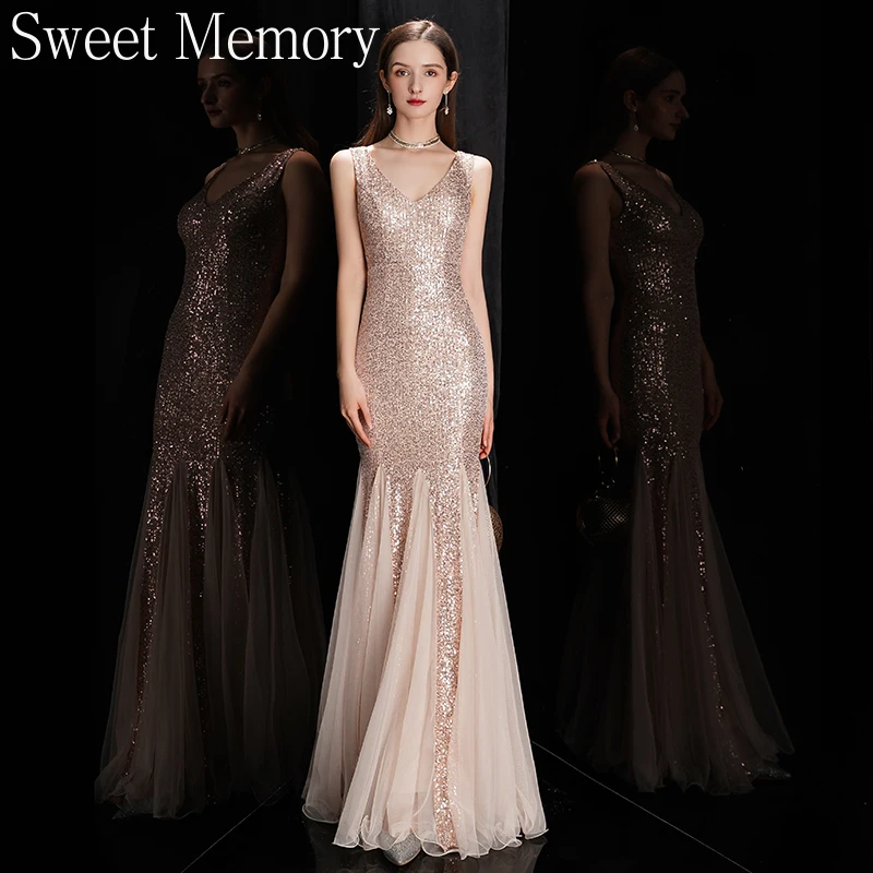 

N1148 Banquet Evening Dresses Sexy Fish Tail Sequin V-neck Party Dress Sweet Memory Sleeveless Floor Length Luxury Formal Dress