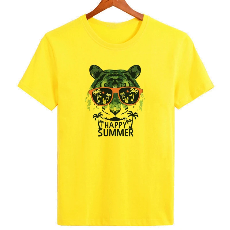 Spectacled White Tiger Happy Summer T-shirt Original Brand Men's Tshirt New Style Summer Casual Tees Tops B1-146