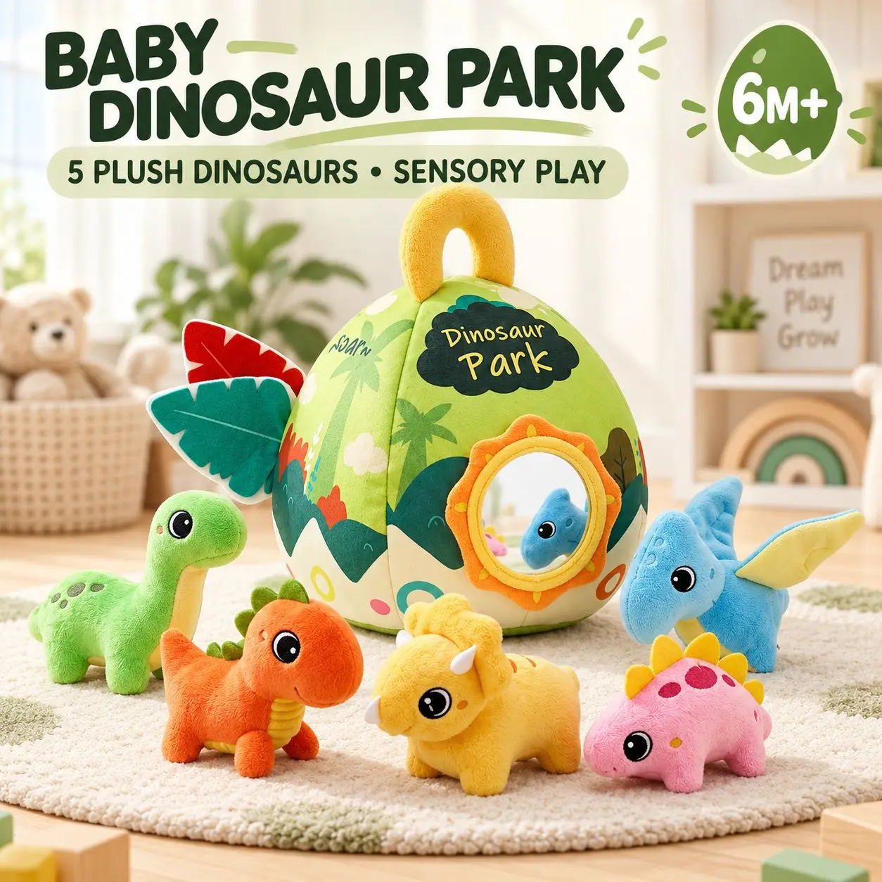 Soft Dinosaur Plush Set Baby Sensory Developmental Grab Toy with Storage Pouch Infant Early Learning Toy Christmas New Year Gift