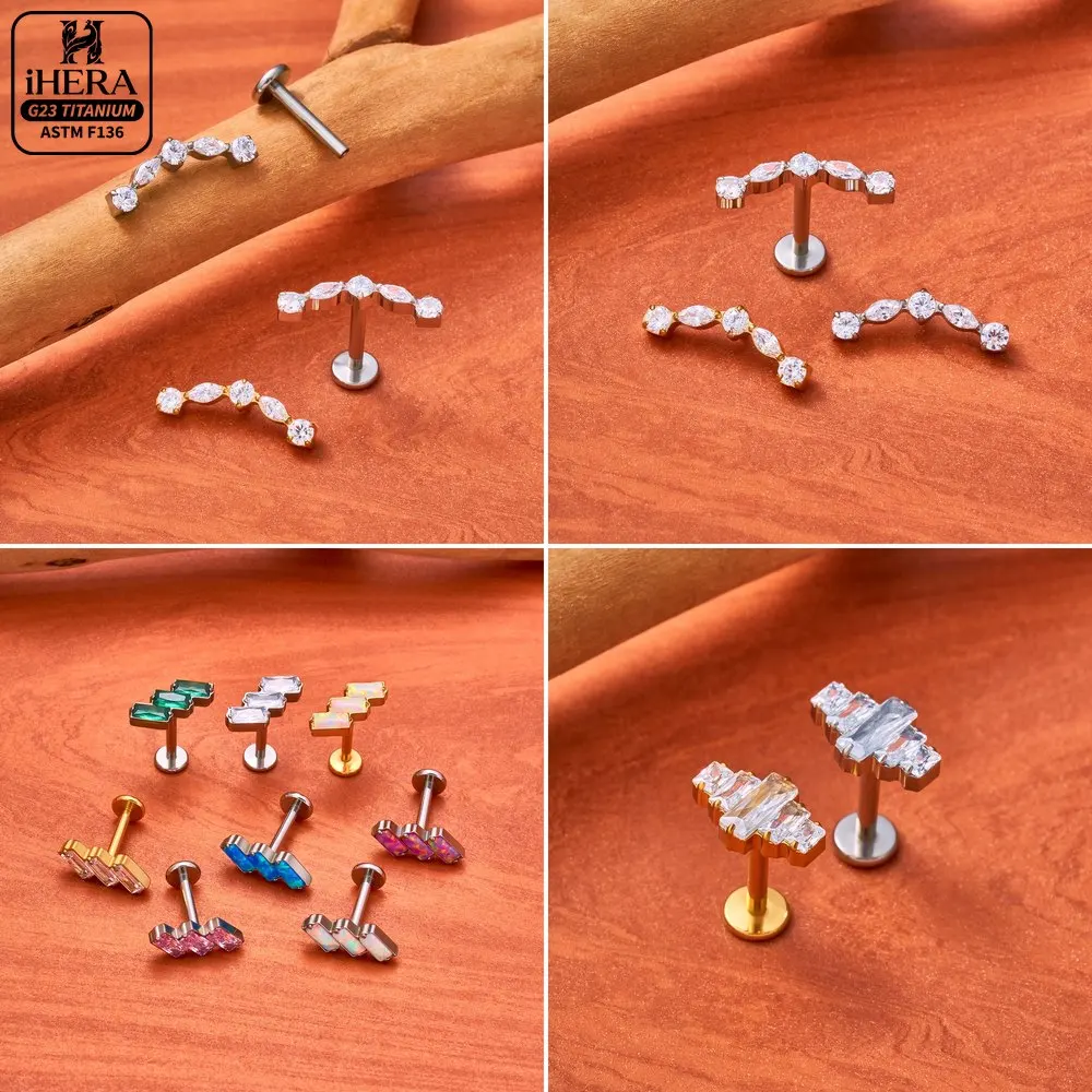 ASTM F136 Titanium Piercing Baguette Geometric Cluster Flat Back Labret Ear Cartilage Jewelry Conch Helix Tragus Lobe Piercings