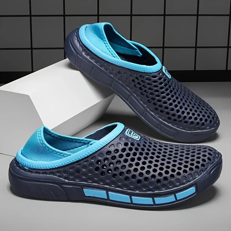 

Мужская летняя обувь на плоской подошве Eva Slippers 46, 47, мужская повседневная обувь без шнуровки с круглым носком, уличная обувь с геометрическим узором, искусственная пляжная обувь с отверстиями