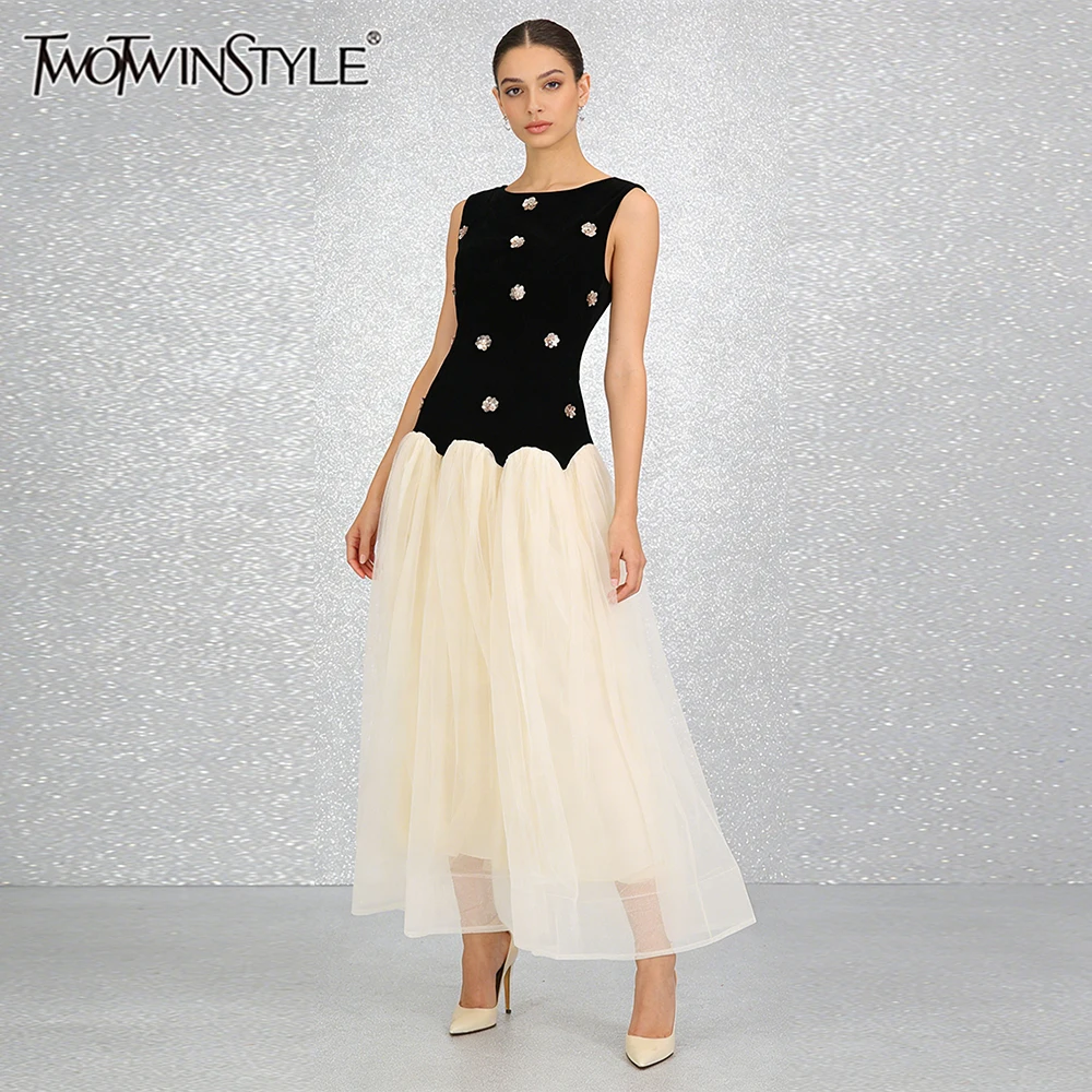 

Элегантное платье миди TWOTWINSTYLE с контрастными вставками для женщин, без рукавов, с эффектом стройности, с бисерной отделкой и тюлевой юбкой для вечеринок в винтажном стиле