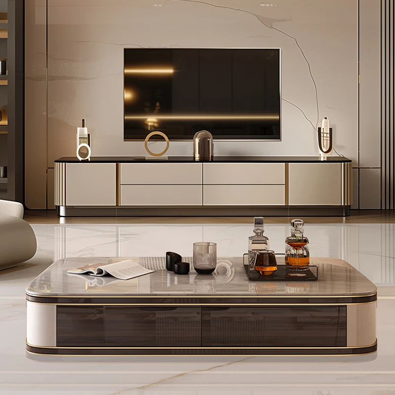 Rock slab TV cabinet coffee table combination light luxury modern high-end household extended motor cabinet Italian floor table