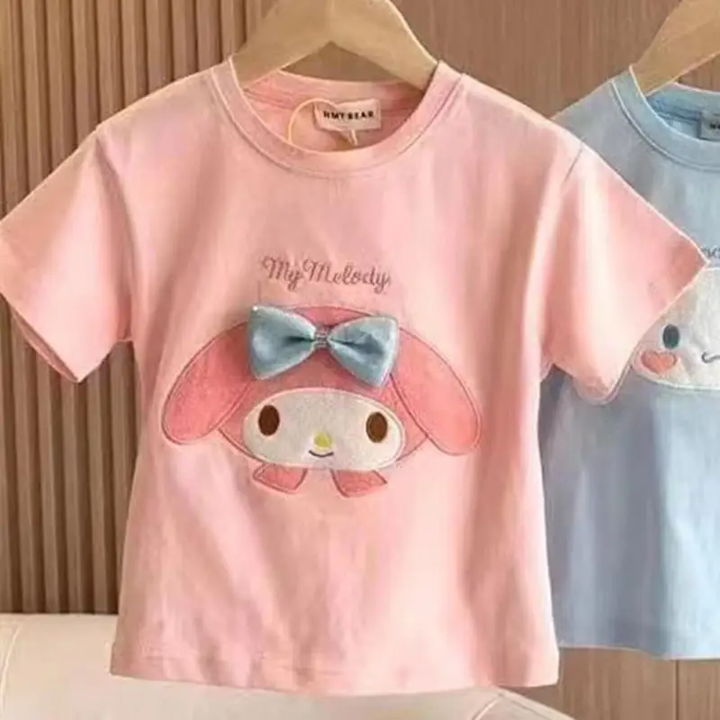 Nowy Kuromi moja melodia Cinnamoroll Sanrios dzieci lato z krótkim rękawem Anime Kawaii Cartoon dziewczyny chłopcy bawełniane t-shirty topy prezent