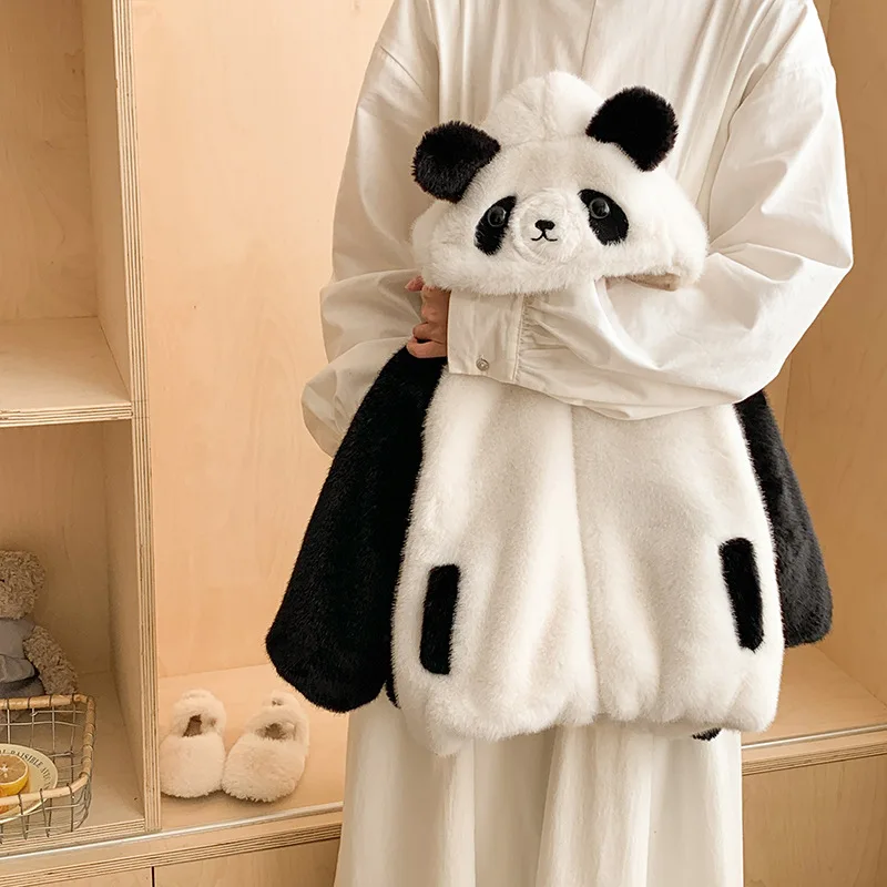 Girls Fur Sweater Winter New Kids Animal Black and White Color Blocking Hooded Jacket Thick Warm Zip Up Winter
