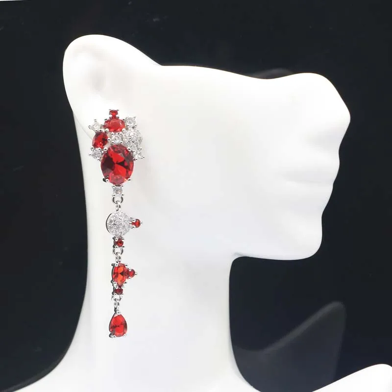 

62x15mm Delicate Fine Cut 8.5g Red Blood Ruby London Blue Topaz White CZ Ladies Wedding Silver Earrings