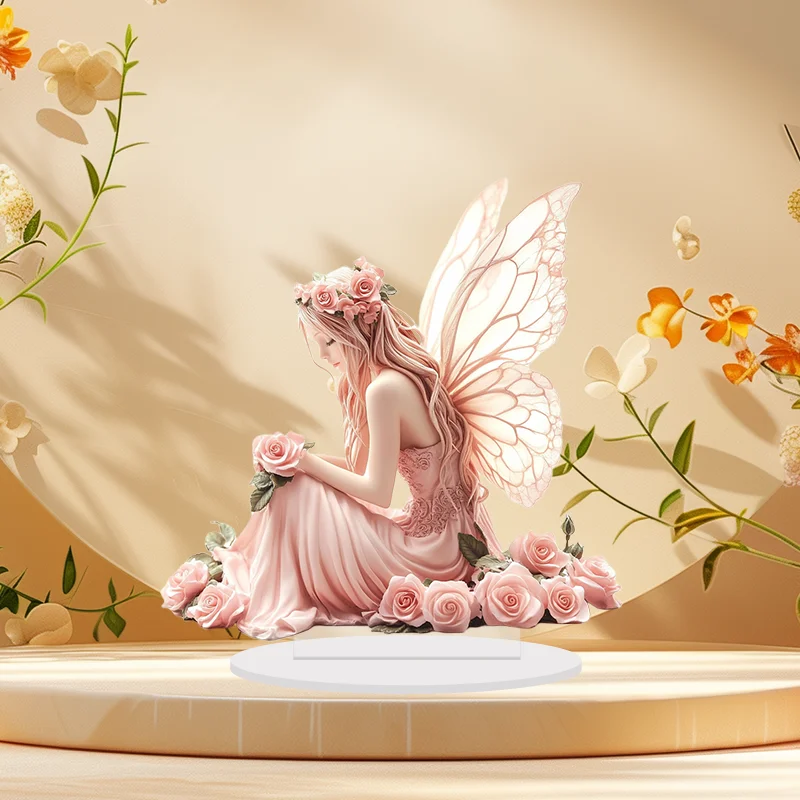 Elegant Rose Pink ButterflyWing Angel 2D Acrylic Figurine Multi-Functional Home Office Café Decoration Unique Wall Table Piece