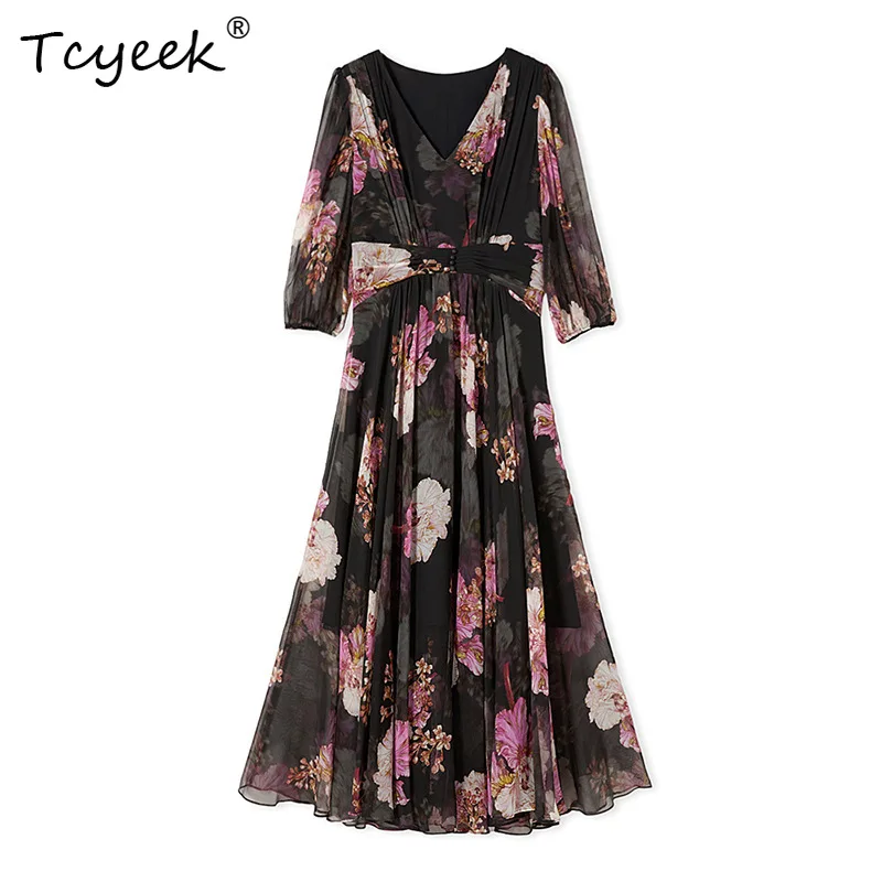 Tcyeek 100% robe florale en soie de mûrier véritable robes d'été 2025 élégant col en v a-ligne noir pause thé longue robe pour femme 상ssi