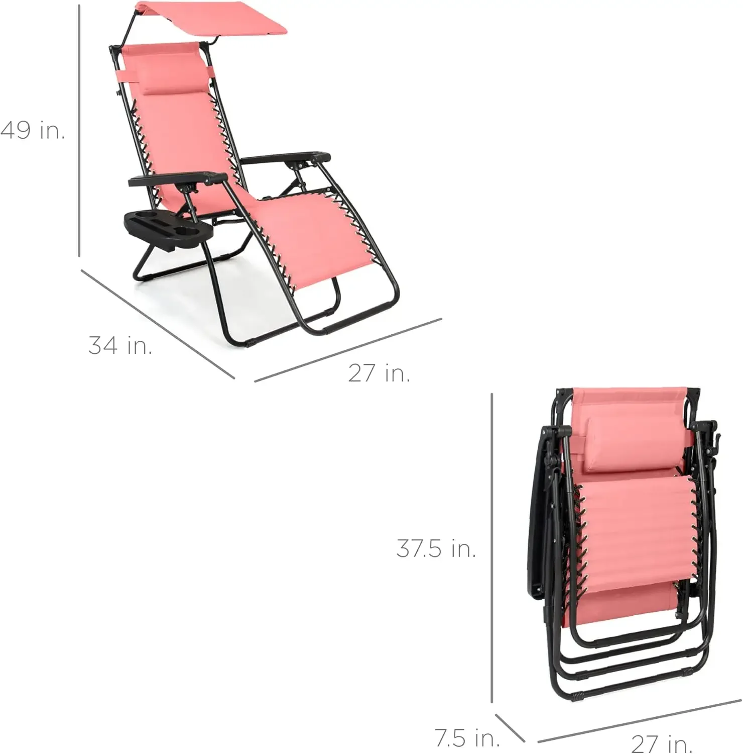 Products Folding Zero Gravity Outdoor Recliner Patio Lounge Chair w/Adjustable Canopy Shade, Headrest, Side Accessory Tray