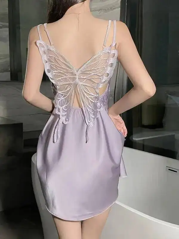 Nieuwe Casual Stijl Jurk V-hals Slim Fit Pure Desire Vlinder Backless Sexy Satijn Dames Homewear Jurk Elegant Charmant MU7E