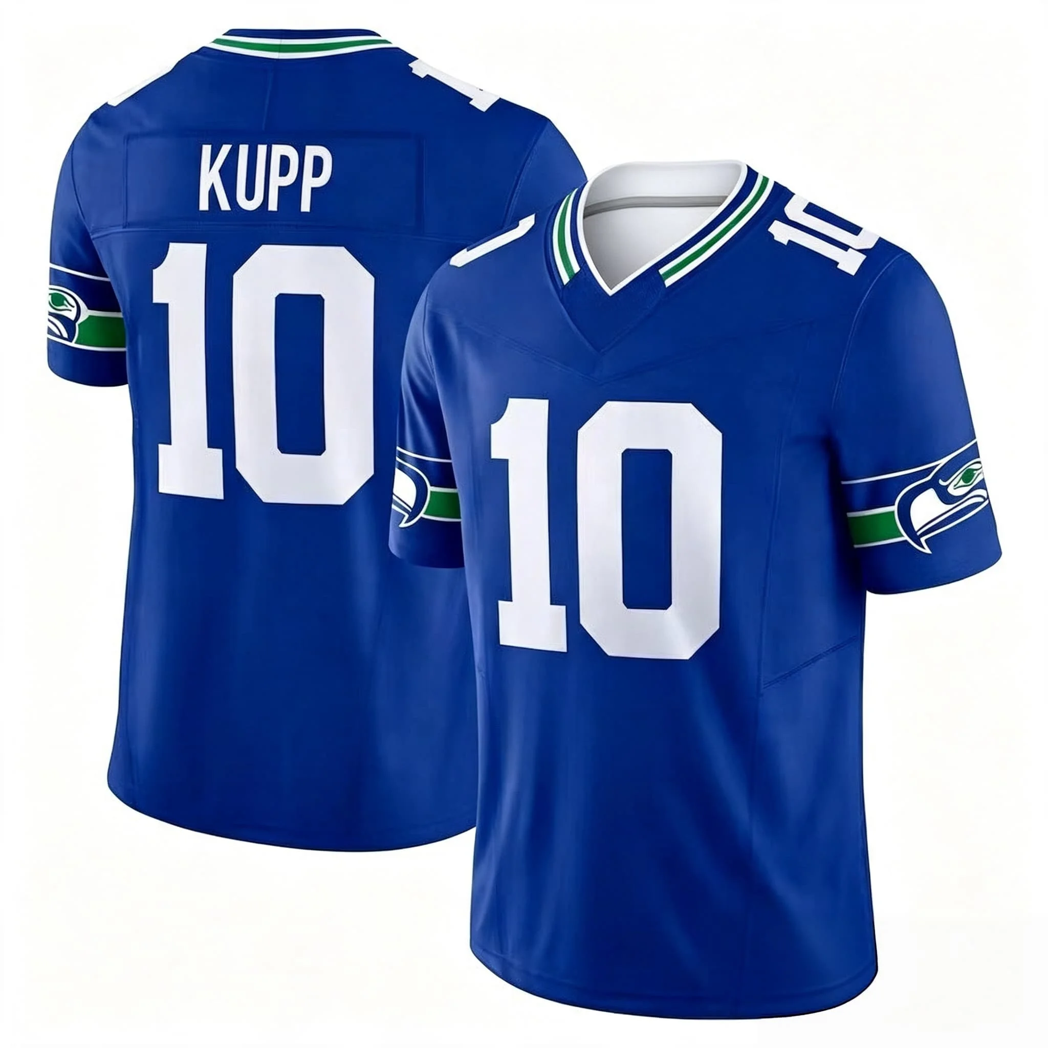 Männer Seattle # 10 Kupp Navy Heimtrikot mit Name und Nummer, V-Ausschnitt, Kurzarm, atmungsaktiv, für Sportfans, Alltagskleidung, Familien-Set – Detail 8
