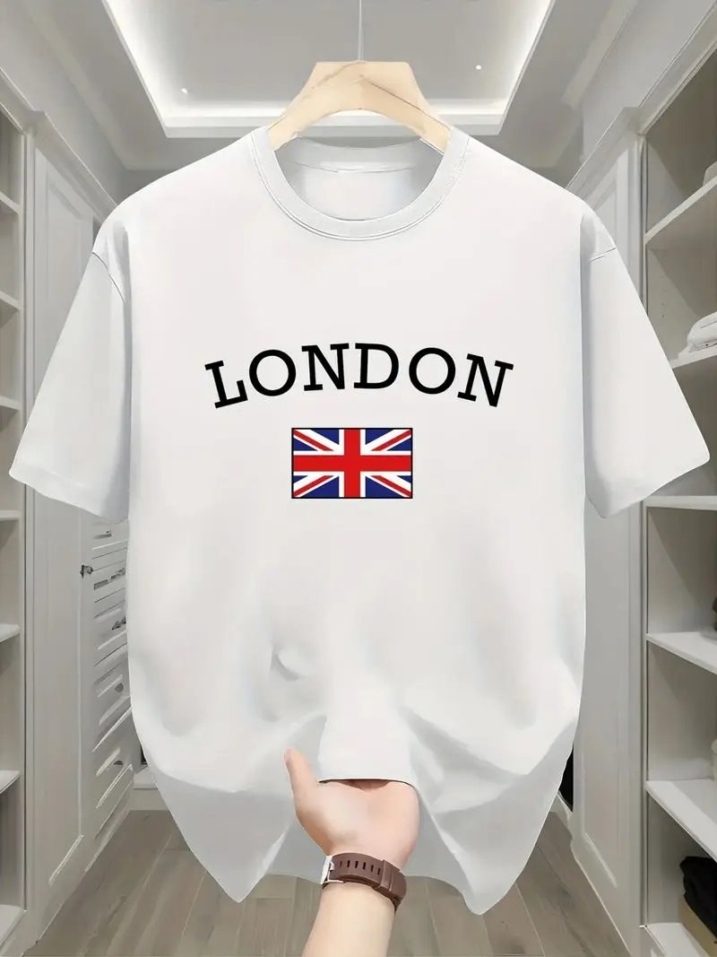 Men's Navy Blue London Uk Graphic T-Shirt Casual Short-Sleeve Top British Flag Design Travel Machine Washable Crew Neck Shirt