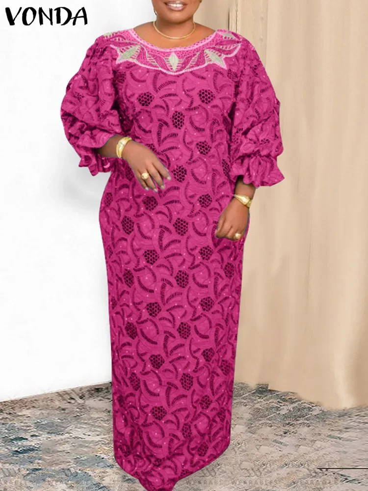 VONDA gaun Maxi panjang antik wanita, gaun Vestido cetakan seksi lengan lentera leher bulat Bohemian musim gugur 2024 ukuran Plus 5XL