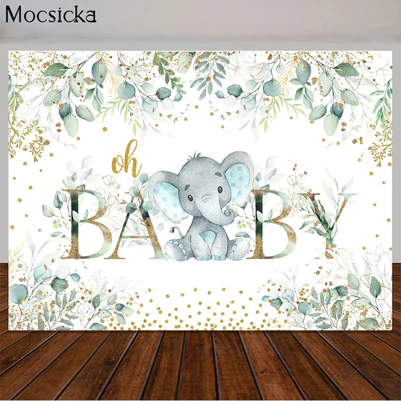 

Oh Baby Shower Backdrop for Cute Elephant Birthday Party Decor Photography Background Golden Green Leaves Studio Photo Props