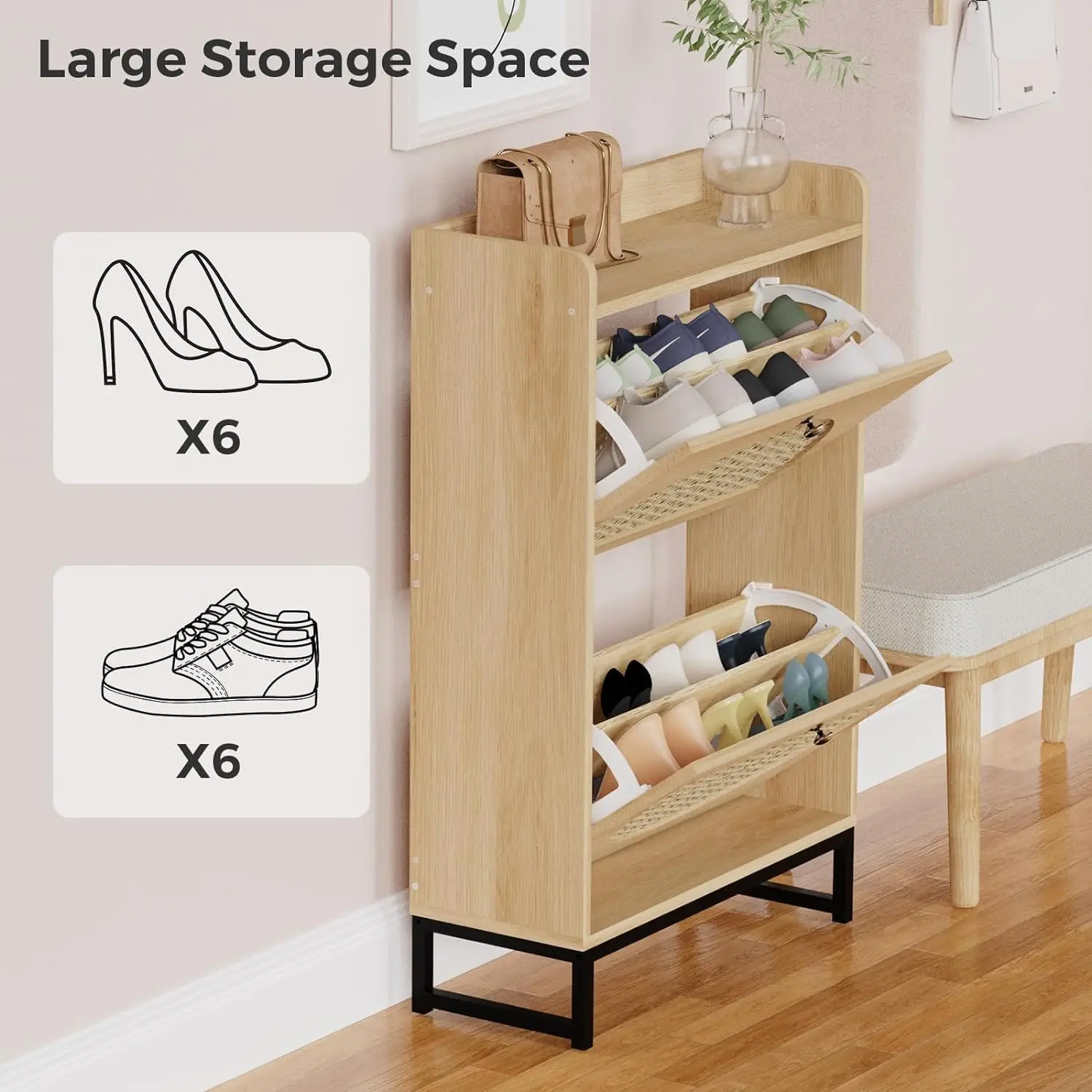 Shoe Cabinet with 2 Handmade Natural Rattan Flip Drawers Entryway Shoe Rack Storage Organizer for Sneakers Leather Shoe Slippers