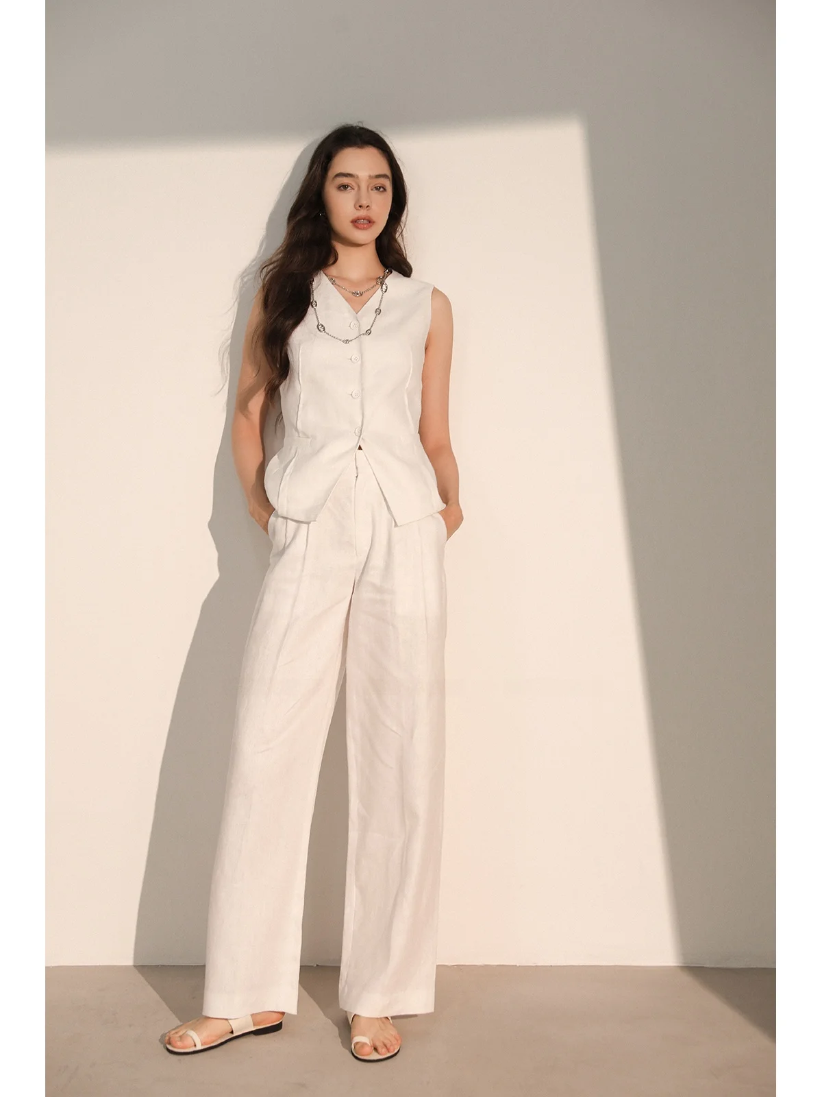 

High Waist Linen Jaet And Pants Women's Suit Vest Loose Slimming Long Trousers Summer Faion Set Casual Workwear