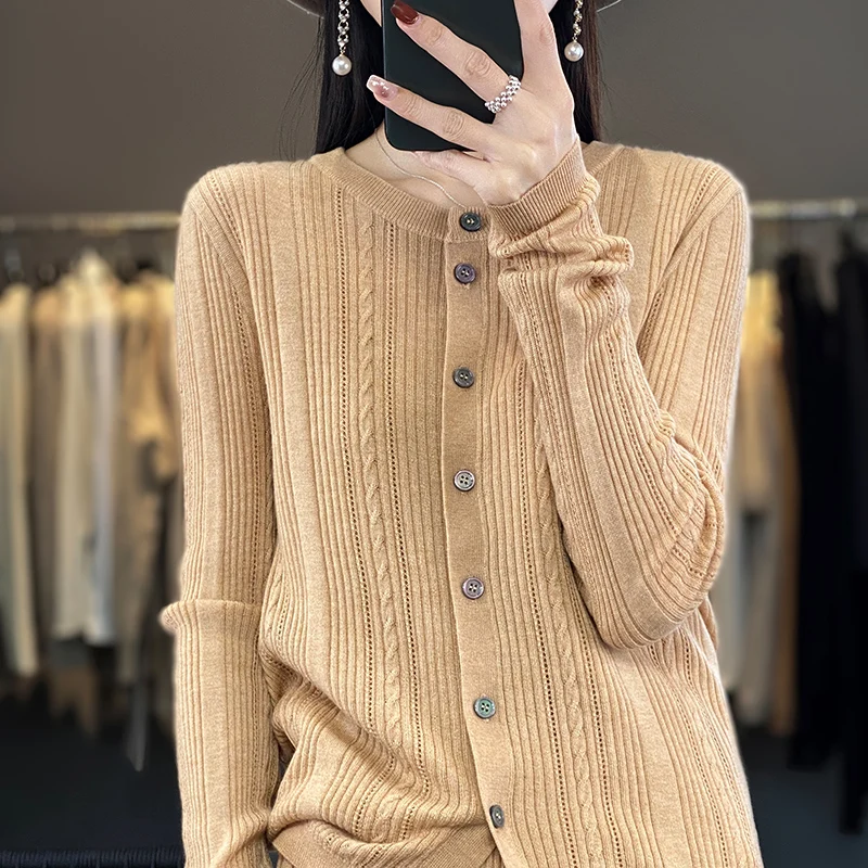 Women's Fine Imitation Wool Knitted Cardigan Thin Coat Round Neck Loose Hollow Long Sleeve Spring Blouse New 2024