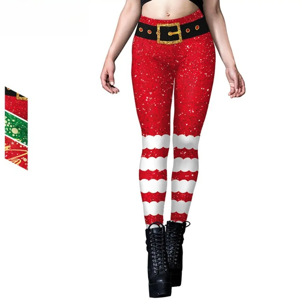 Women's Christmas Belt Buckle Graphic High Waist Yoga Leggings Stretch Slim Printed Workout Pants for Fitness Training Outfits