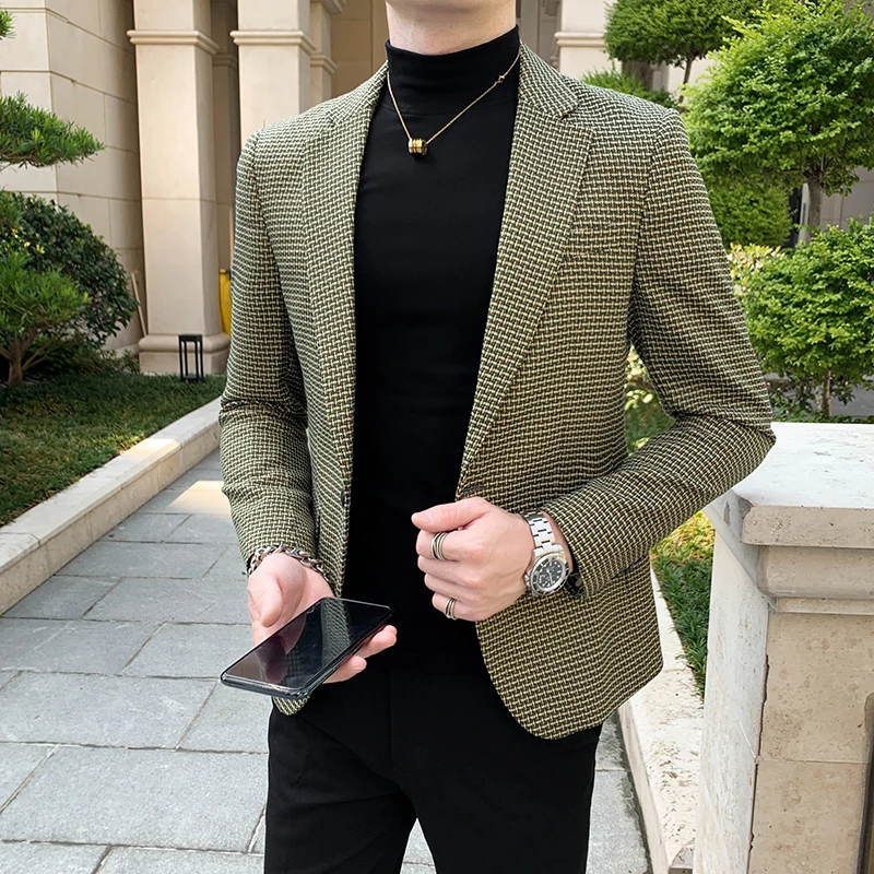 

High-quality 2024 Autumn/Winter Casual Fashion Handsome Thousand Angle Lattice Suit Single West Slim Casual Suit for Men