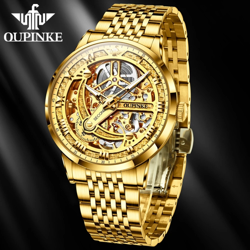 OUPINKE 3173 Automatic Watch for Men Luxury 3D Hollow Out Design Stainless steel Waterproof Sapphire Mirror Gold Men Wristwatch